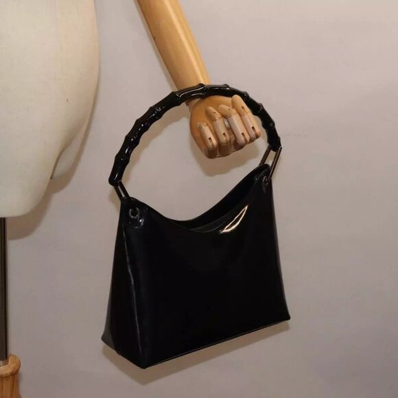GUCCI Bamboo Hand Bag Enamel Black Auth - Picture 6 of 15